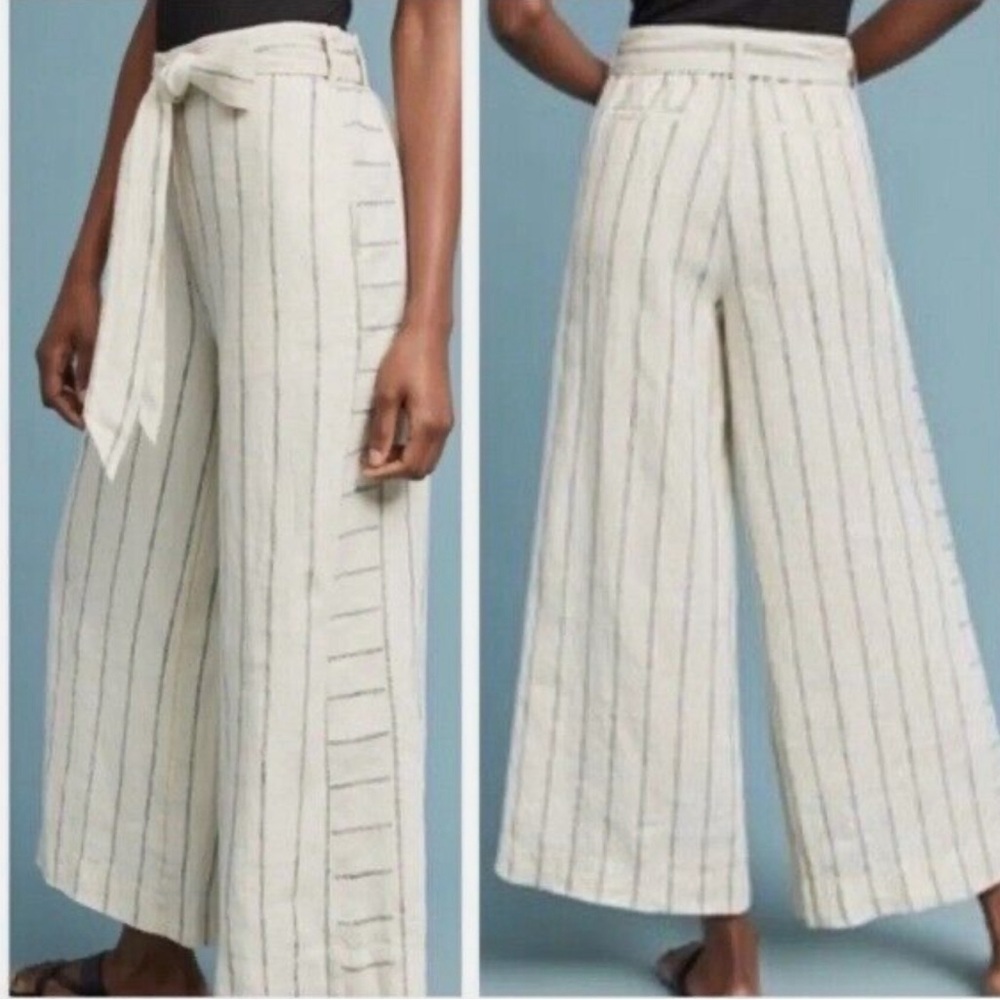 Anthropologie Portia Striped Linen Wide Leg Pants Tie Waist No Belt, Medium